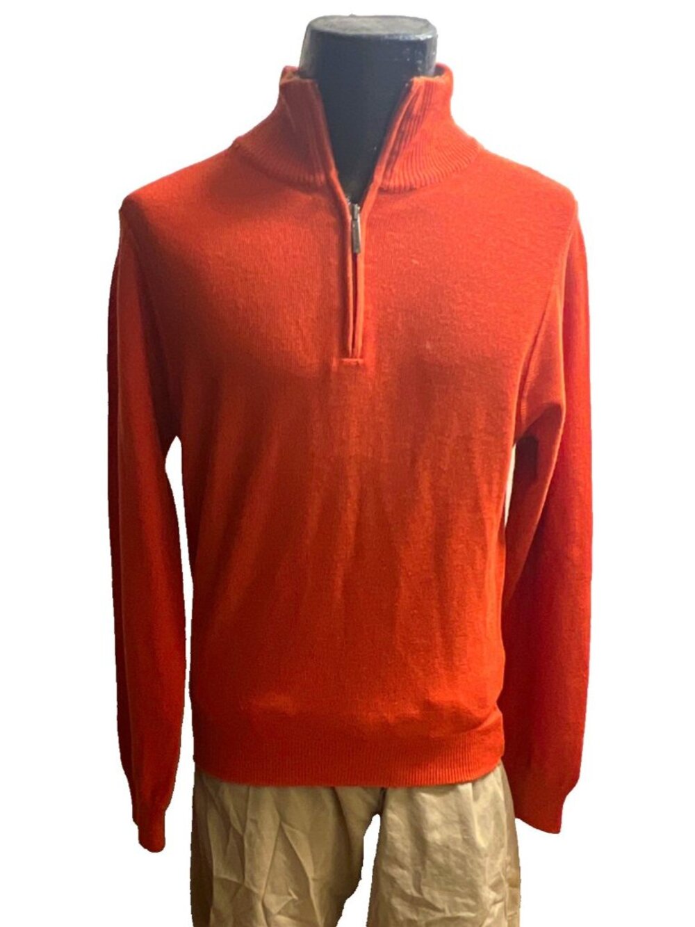 Boggi Milano Mens Medium Orange Wool 1/4 Zip Sweater Made in Italy (Small Hole)